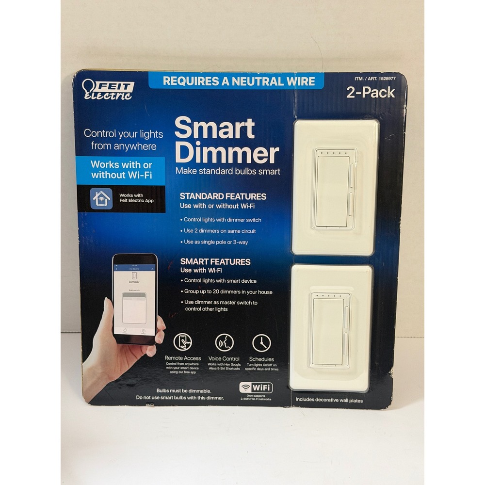 Feit Electric Smart Dimmer 2-Pack White Wi-Fi Remote Voice Control BPDIM/SMART/2
